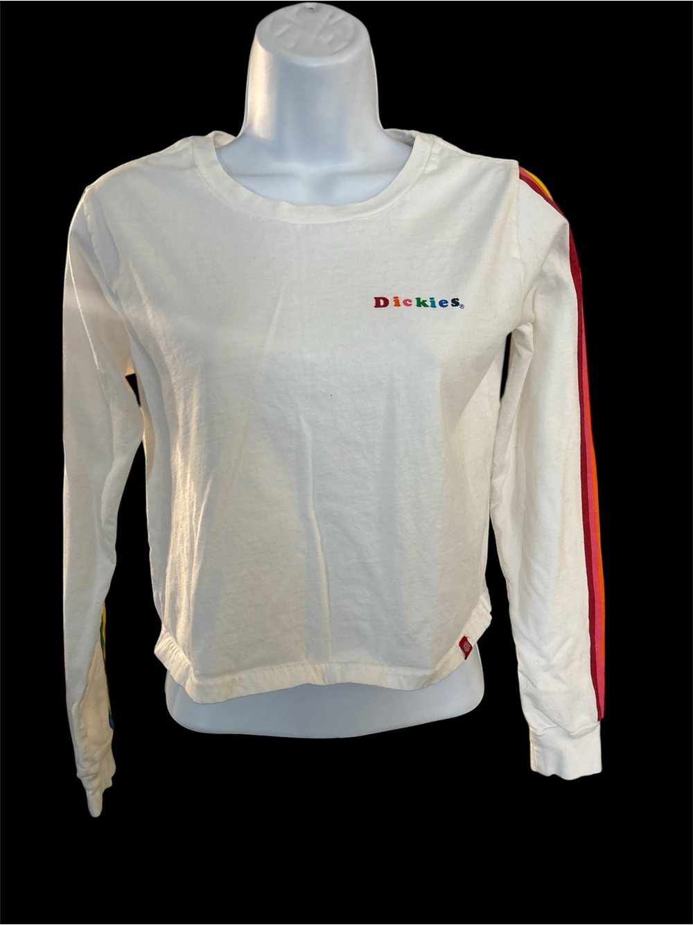 Dickies White Long Sleeve Shirt with Rainbow Sleeve Stripes